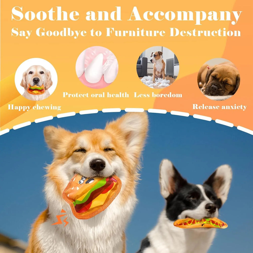 Hamburger-shaped crinkle and squeaky dog toy with vivid colours