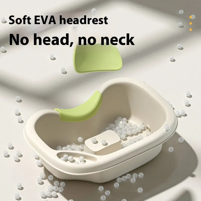 Portable plastic shampoo basin set with neck pillow, water pump, pipe, and brush in light pink and beige.