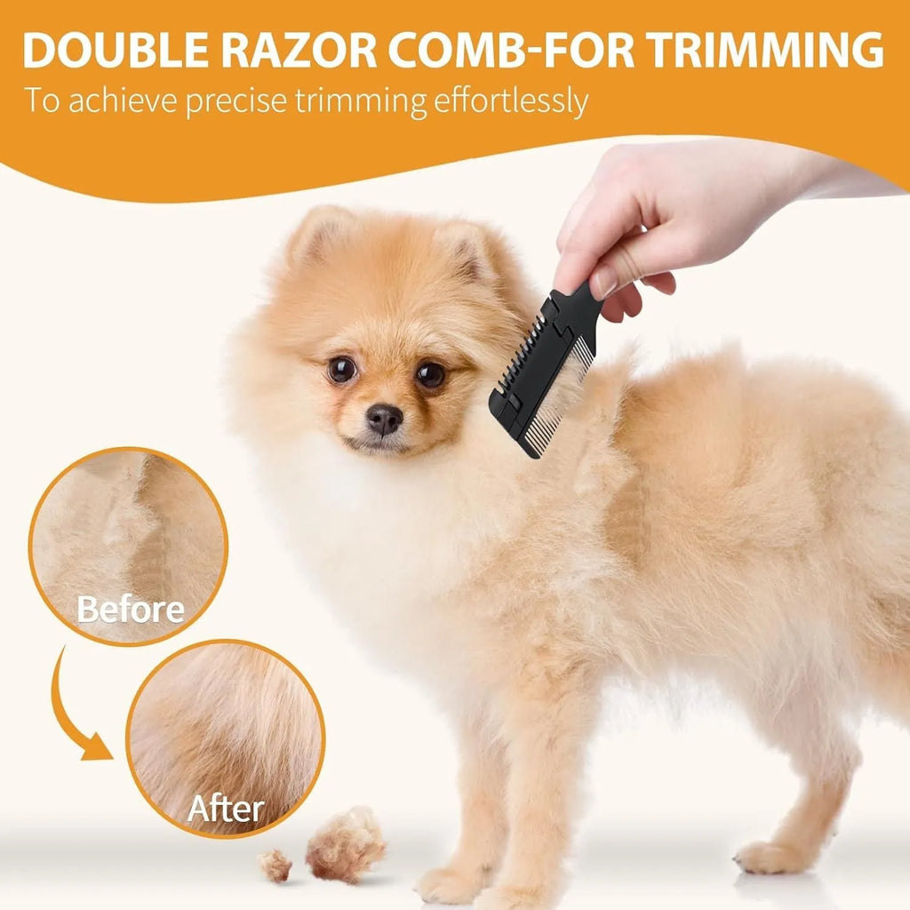 A handheld razor comb for pets showing the comb teeth and integrated trimming blade.