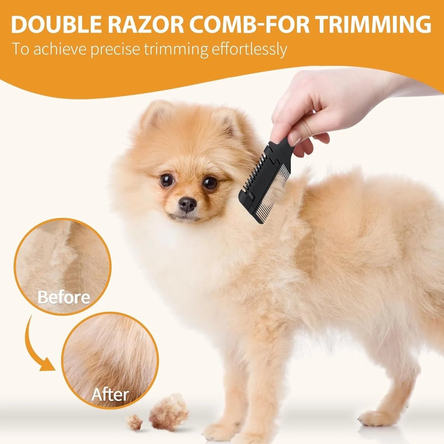 A handheld razor comb for pets showing the comb teeth and integrated trimming blade.
