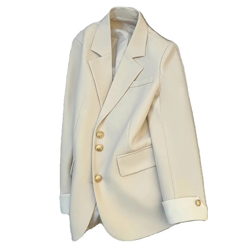 Korean-style loose fit women's trench coat in milky white with long sleeves and pockets.