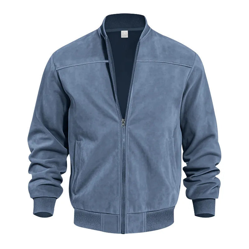 Men's plus size Army Green suede zip-up casual jacket on a hanger.