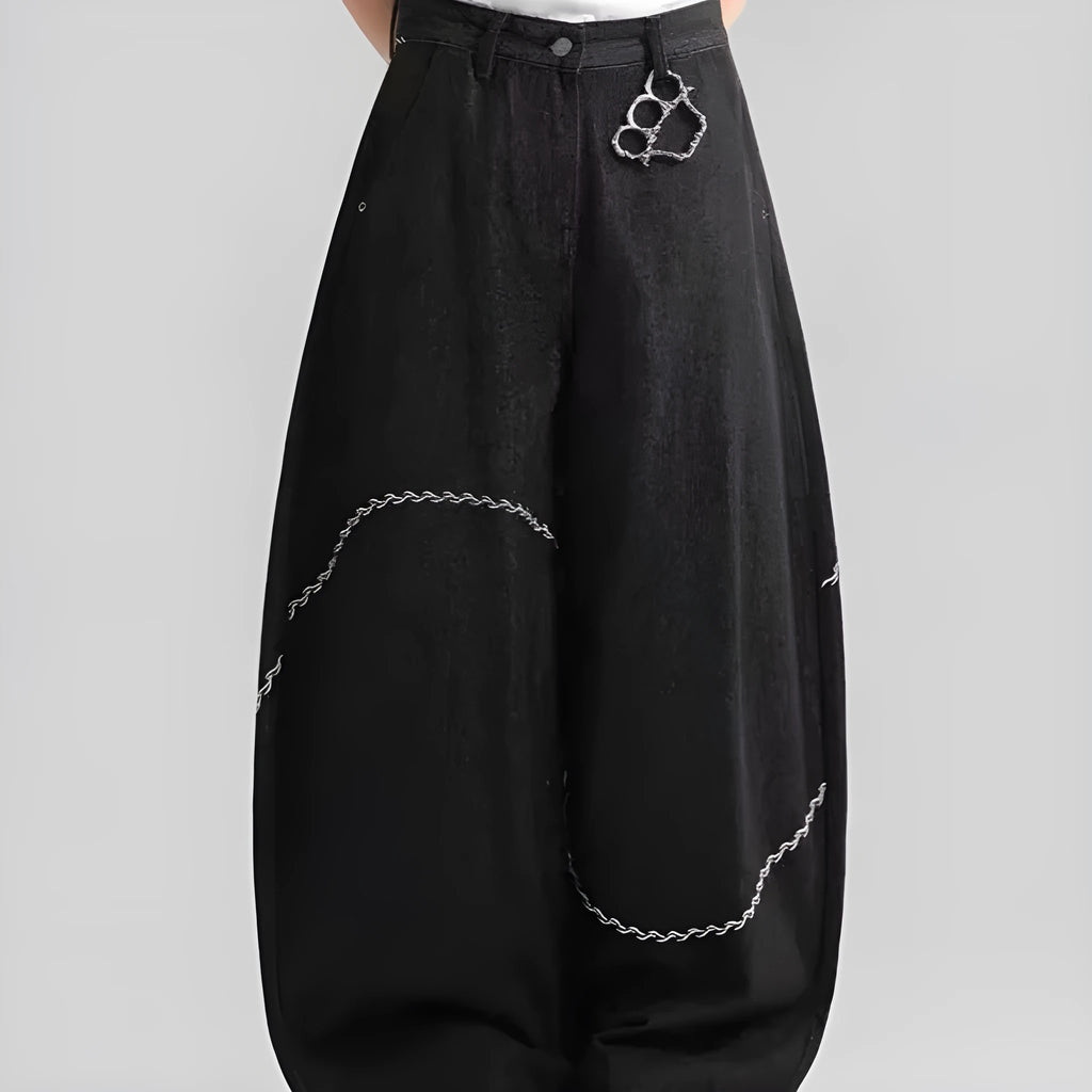 Black straight-leg polyester denim trousers with micro-elastic construction