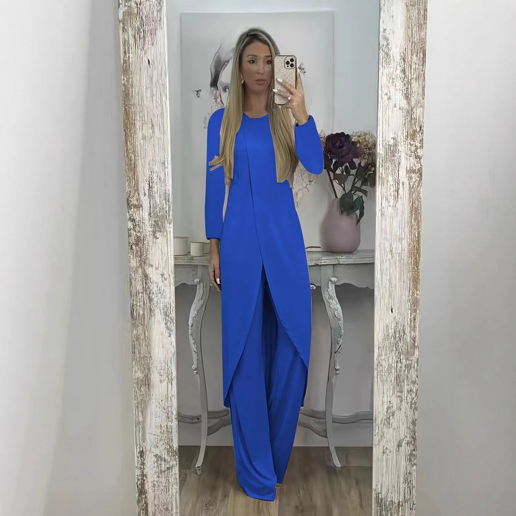 Women's black casual two-piece lounge set with long sleeves and matching trousers on a hanger