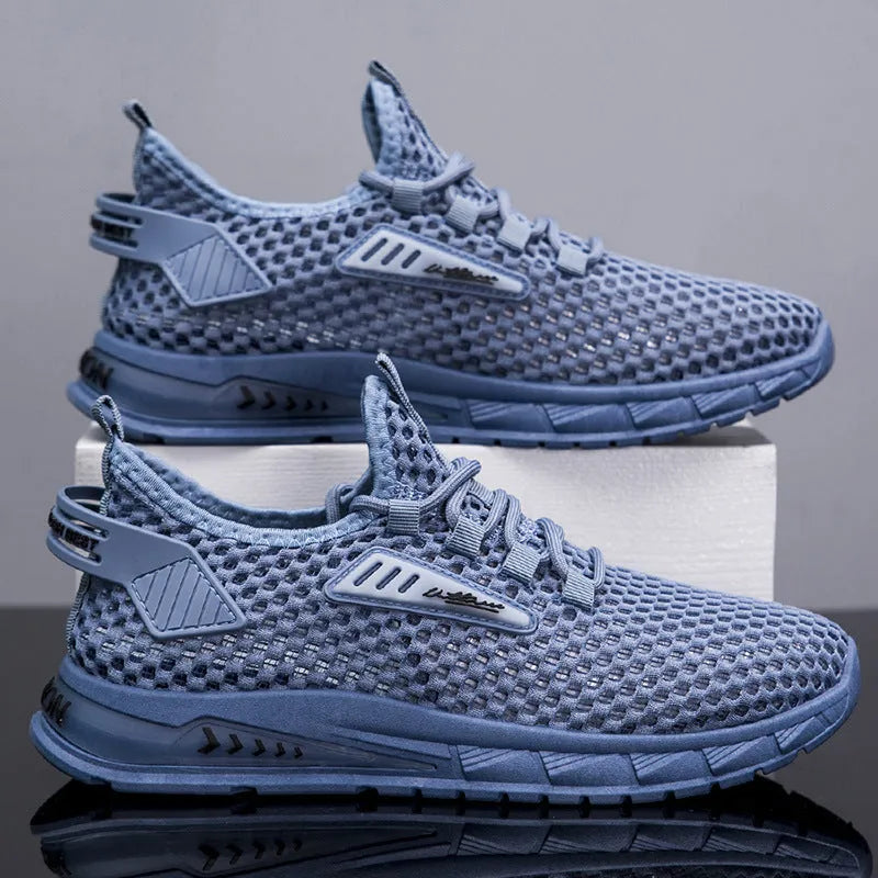 Men's beige mesh breathable sneakers with synthetic leather upper and front lace-up