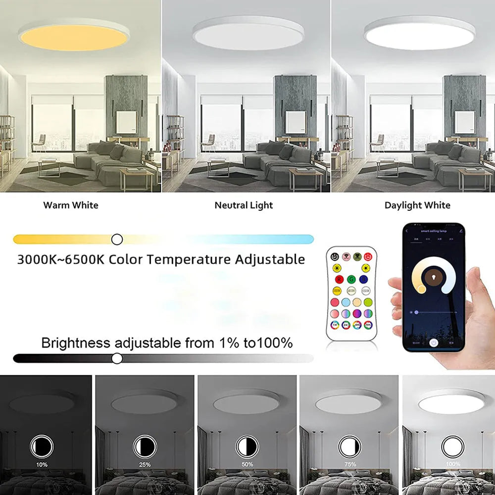 Black RGBCW Bluetooth smart ceiling lamp with full colour and dimming control, 300mm diameter.