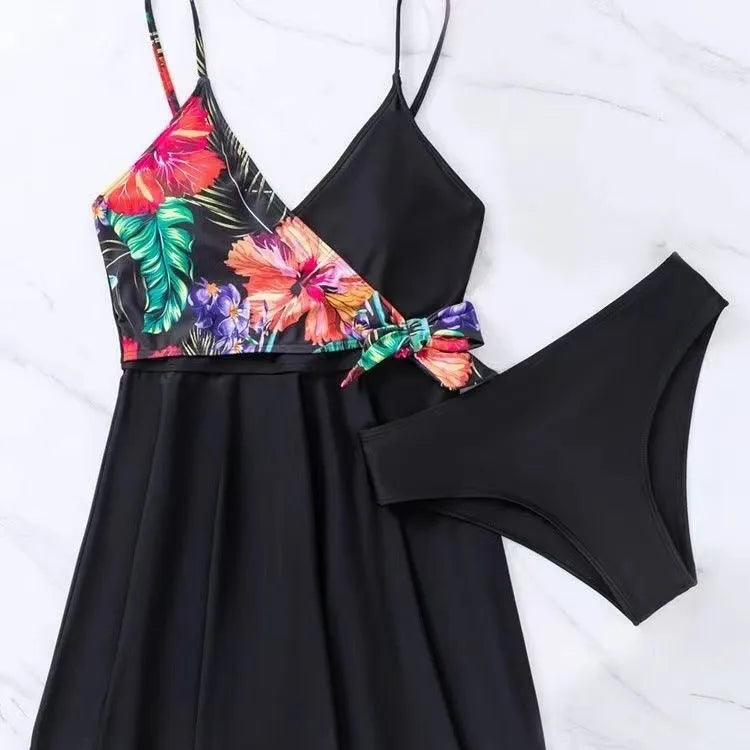 Black women's high waist briefs printed split bikini for sports and swimming activities