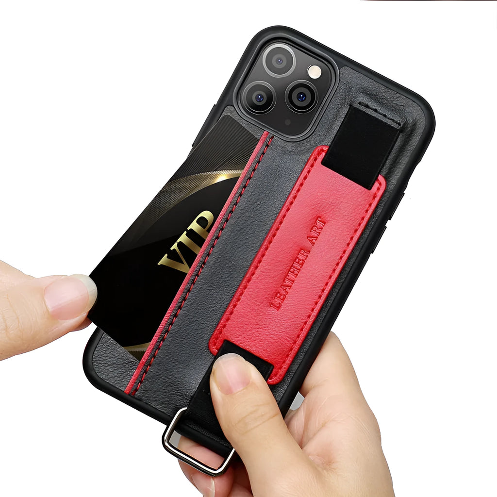 Brown imitation leather phone case with wrist strap showing stitching details and bracket design