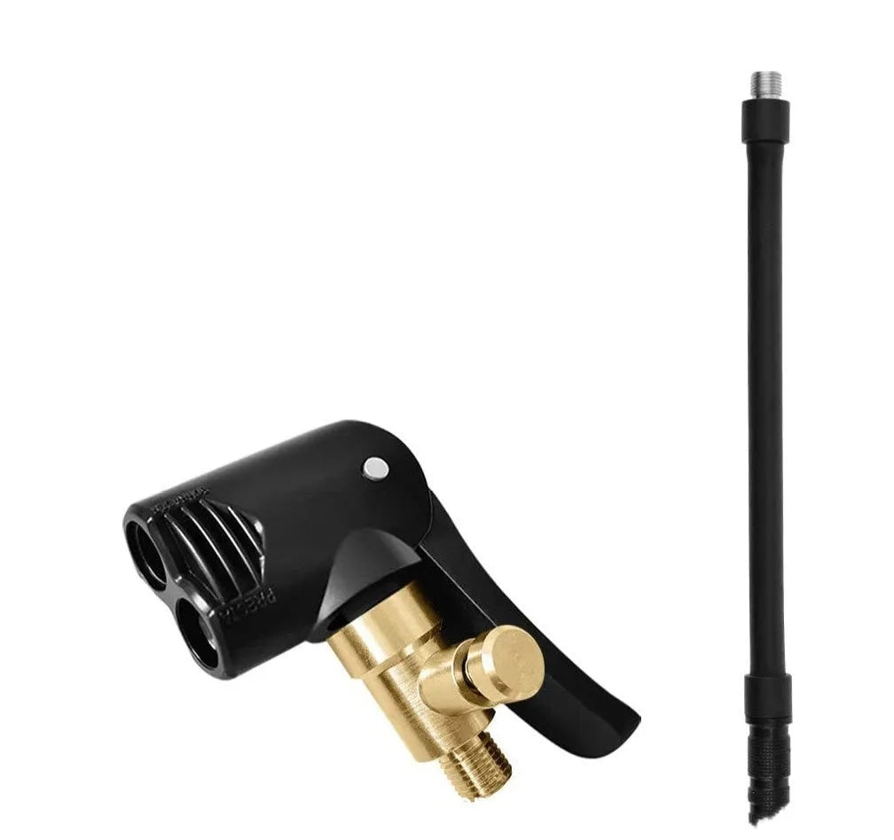 Vehicle air inflator with USB charging port, two clarinet connectors, and included hose