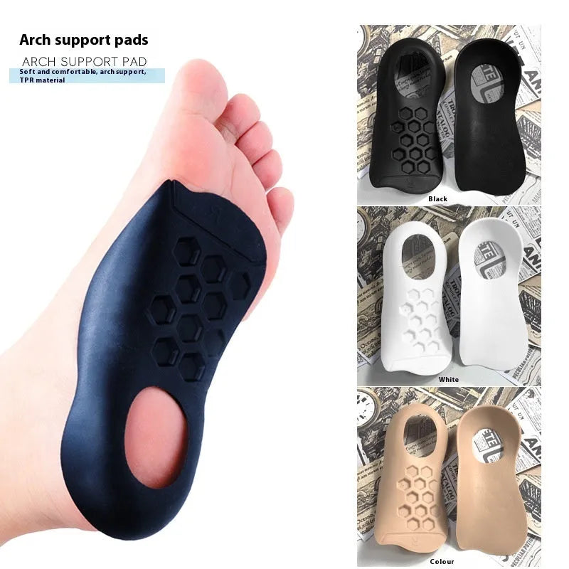 A pair of TPR varus correction insoles with arch support in black, white, and skin colour options.