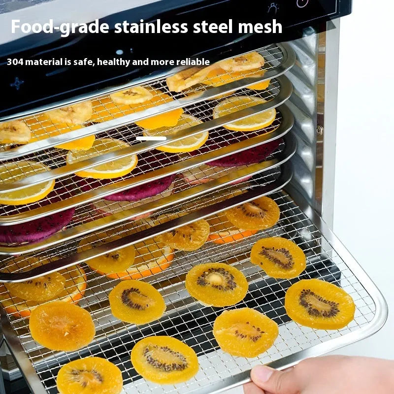 Stainless steel fruit dehydrator with transparent skylight lid showing six drying trays inside
