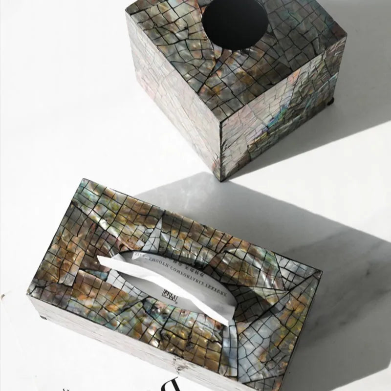 Natural shell tissue storage box with removable organisation in black rectangle and square styles