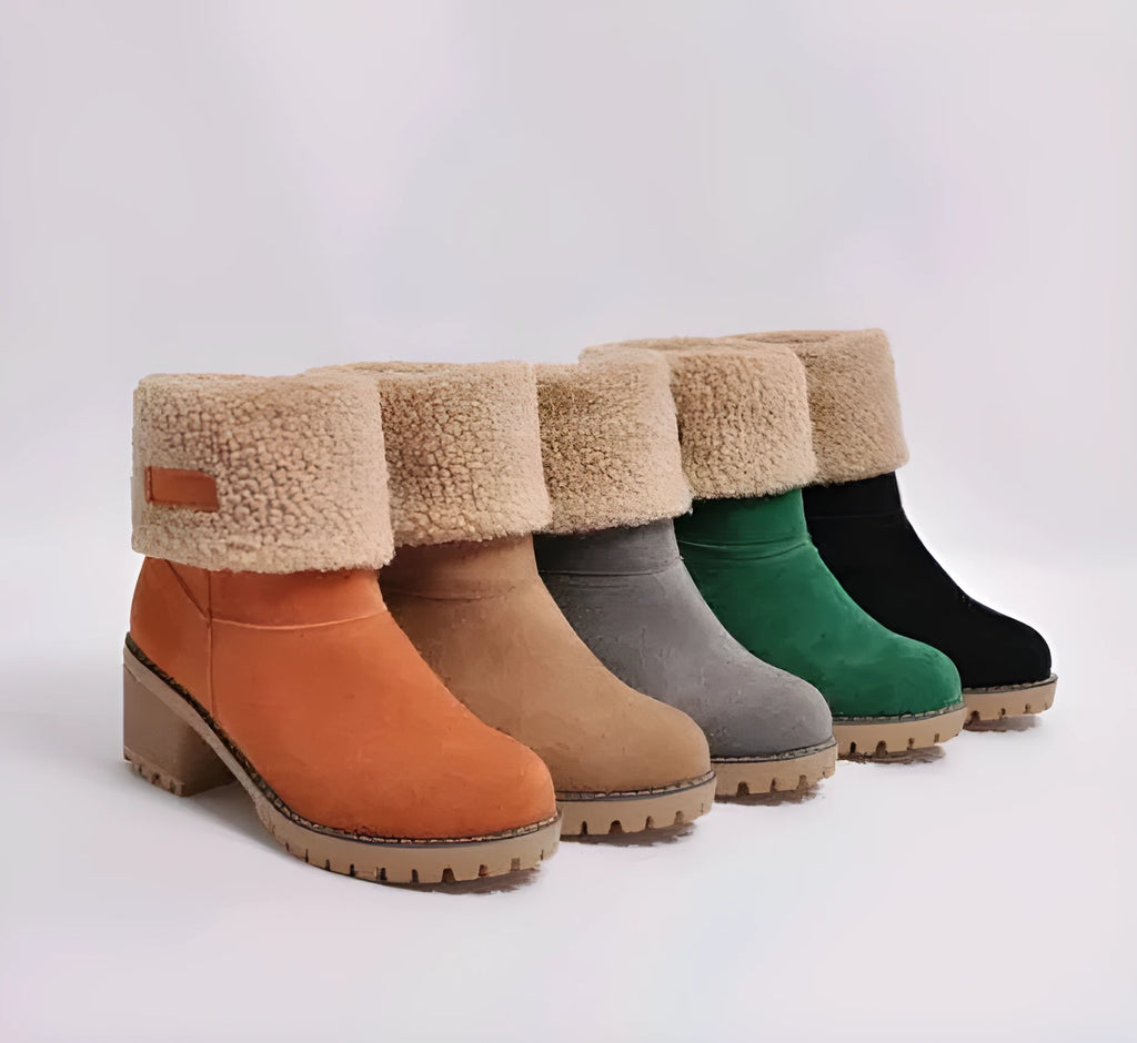 Women's mid-calf suede platform boots with a thick low heel in five colour options.