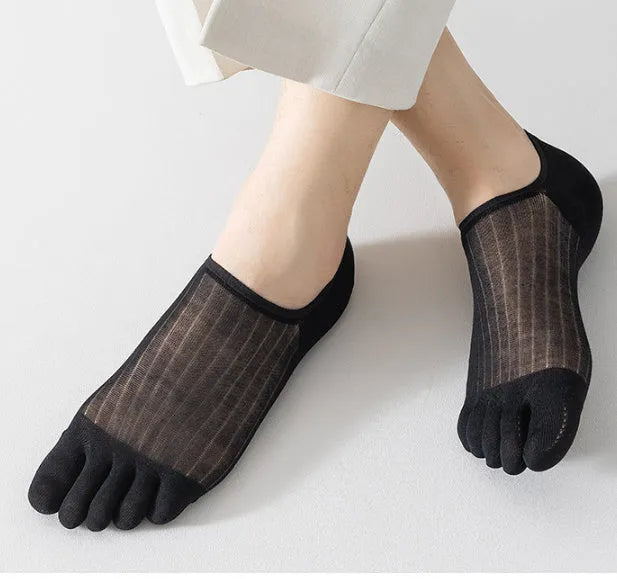 Modal cotton five-finger ultra-thin boat socks in solid colours on a white background.