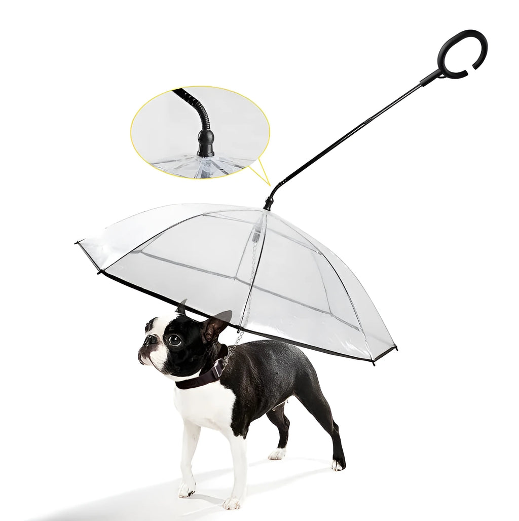 White transparent pet umbrella with C-shaped handle, 70cm PVC canopy, and adjustable retractable middle bar