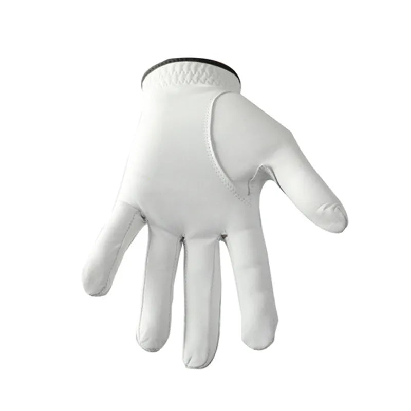 White half sheepskin men's golf glove for left or right hand, showing textured palm.