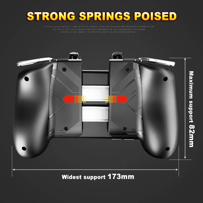 Universal mobile game handle in black showing adjustable phone clamp and dual analogue sticks.
