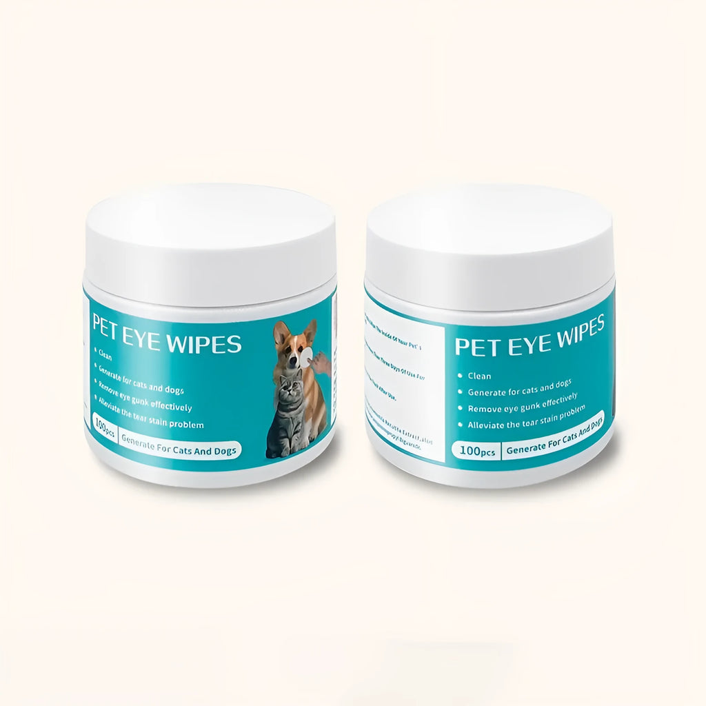 Can of 100 pet eye cleaning wipes made from spunlace non-woven fabric, pre-moistened for general eye cleaning use