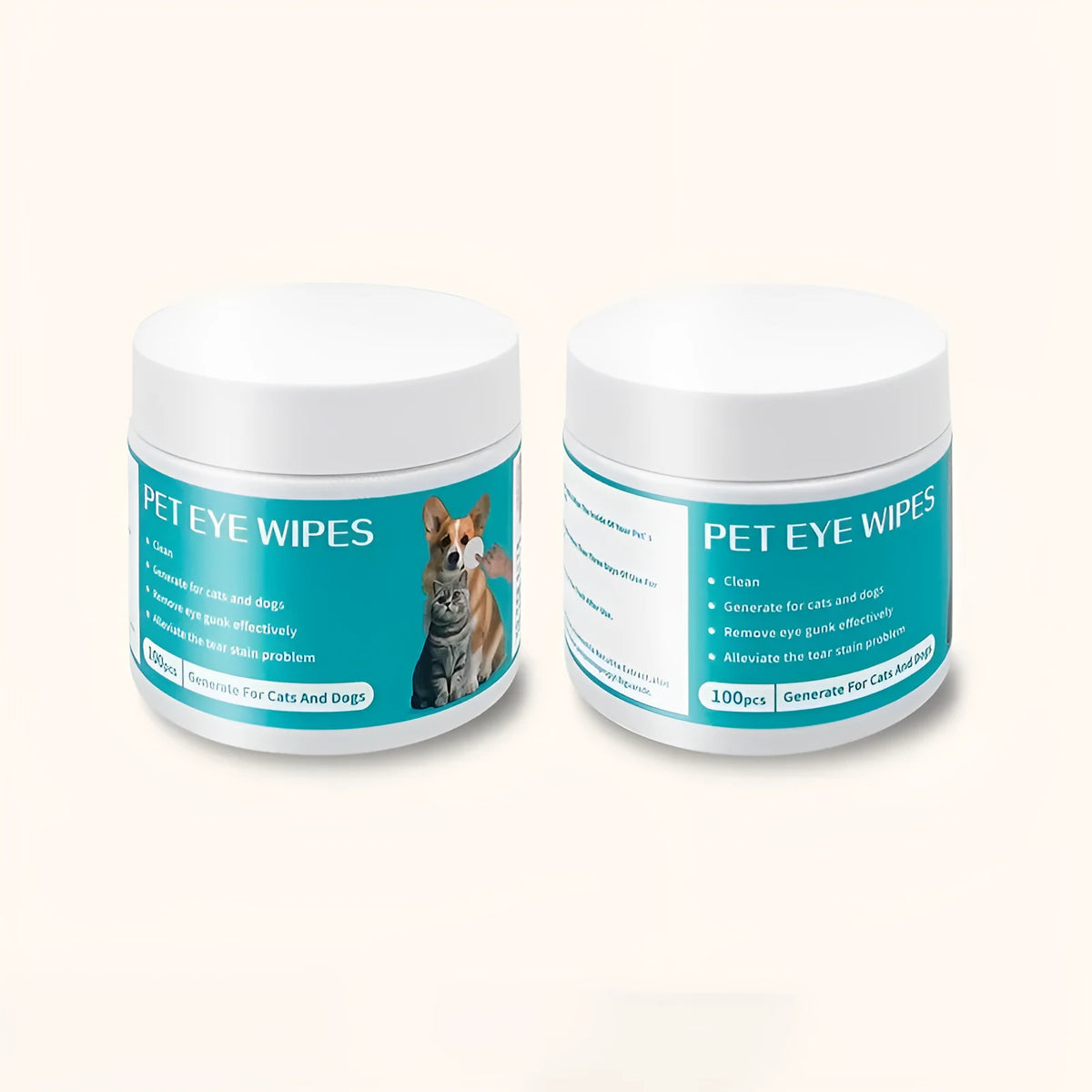Can of 100 pet eye cleaning wipes made from spunlace non-woven fabric, pre-moistened for general eye cleaning use