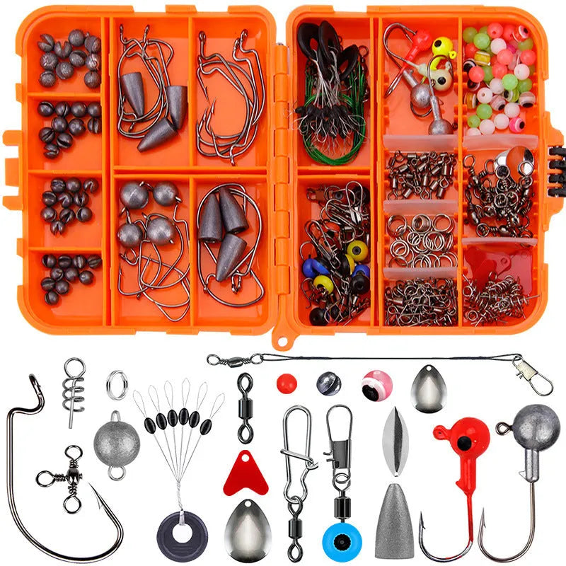Weihe 257-piece fishing lure and hook accessories set in a black or orange ABS plastic organiser box.