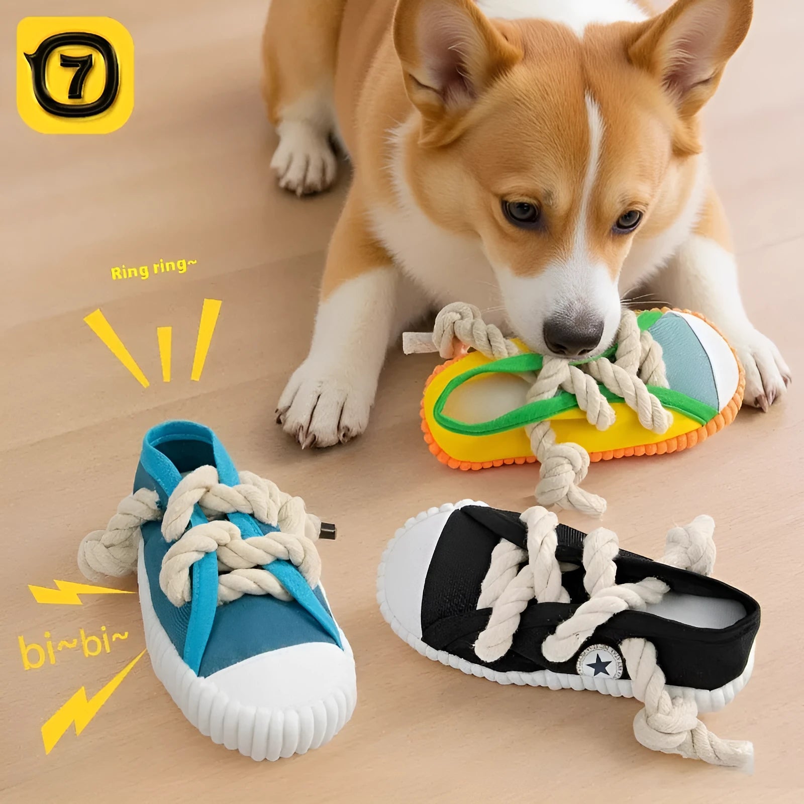 Yellow plastic dog chew toy with sound effects for molar relief and interactive play.