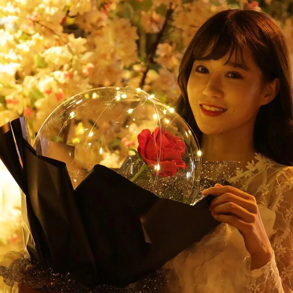 Transparent LED luminous balloon rose bouquet with artificial flowers and glowing lights for DIY party decoration