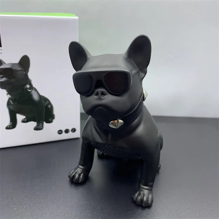 Bulldog design Bluetooth speaker in black colour showing detailed facial features and compact size