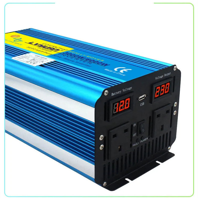 Blue 3000W pure sine wave car power inverter with digital displays and UK sockets