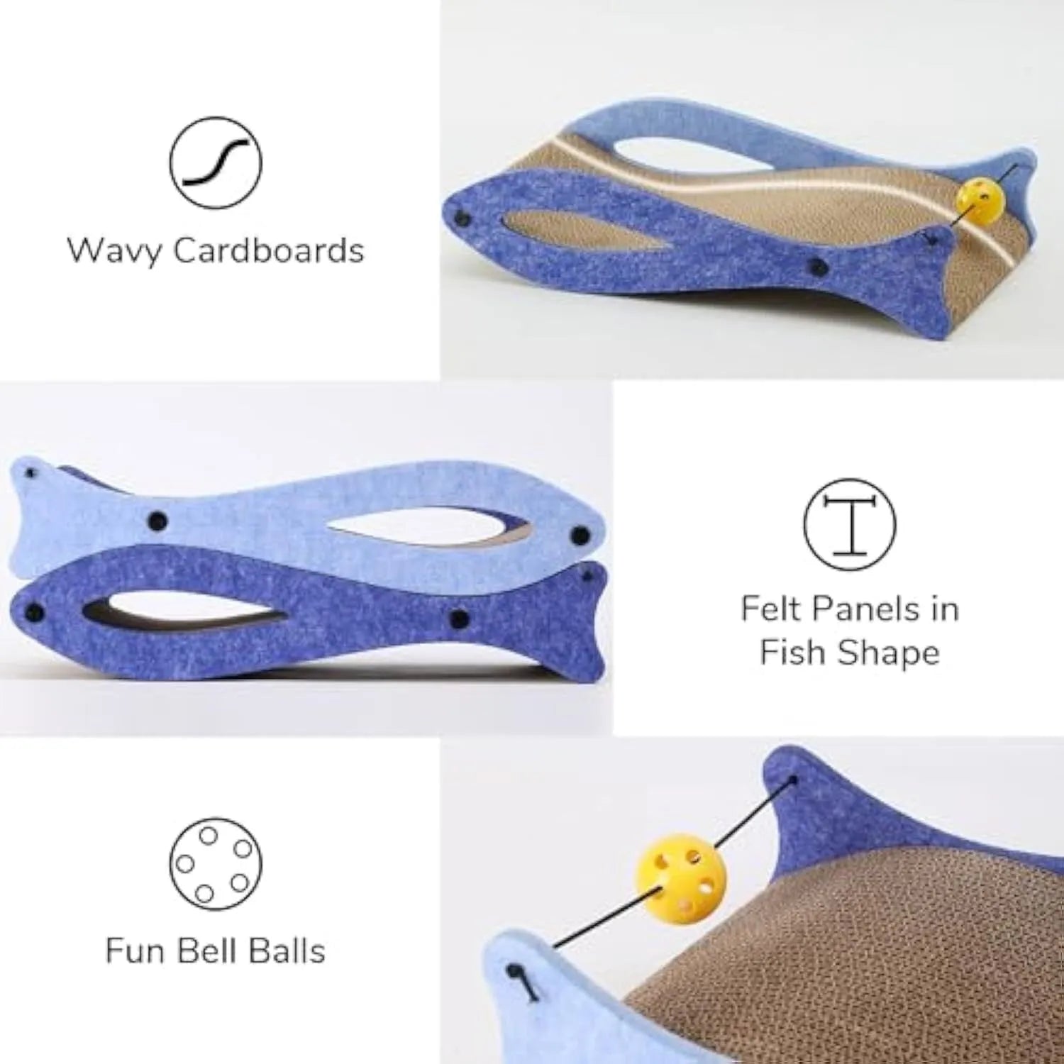 Blue fish shaped cardboard cat scratcher with bell ball toys on elastic cord, measuring 46cm long