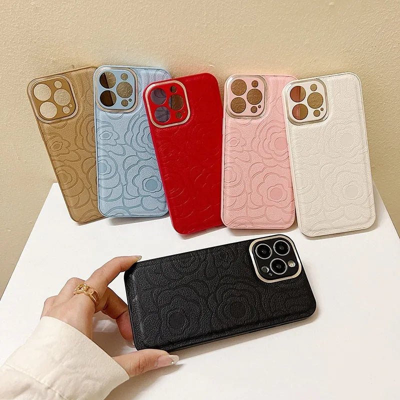 Camellia leather pattern phone case for iPhone 11-15, showing decorative design and protective shell.