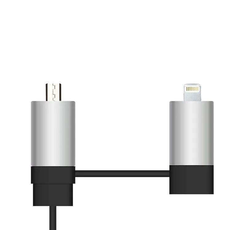 Black and gold dual USB car charger with retractable cable plugged into a car dashboard