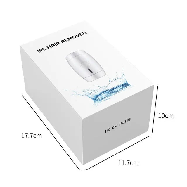 White home laser hair removal instrument with display screen and adapter plugs for UK, EU, US, and AU sockets.