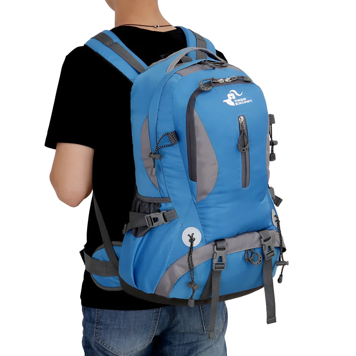 Outdoor waterproof mountaineering bag in nylon, 36-55L capacity, shown in available Black, Blue, Dark blue, Green, or Red colour options.