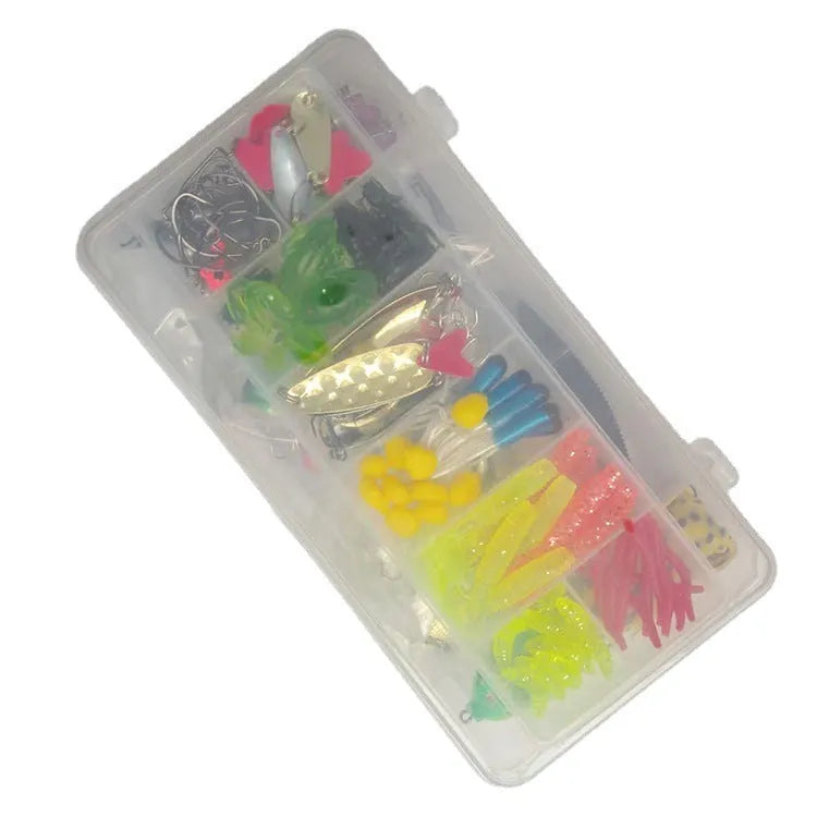 Fishing lure kit with 142 pieces including hard minnow lures, sequins, hooks, and metal fishing pliers on a blue background.
