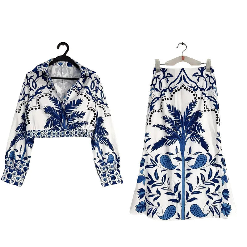 Women's long sleeve top and long skirt casual set in spring colour