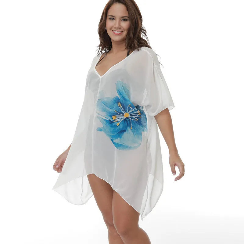 White plus size beach cover-up blouse for swimming sun protection