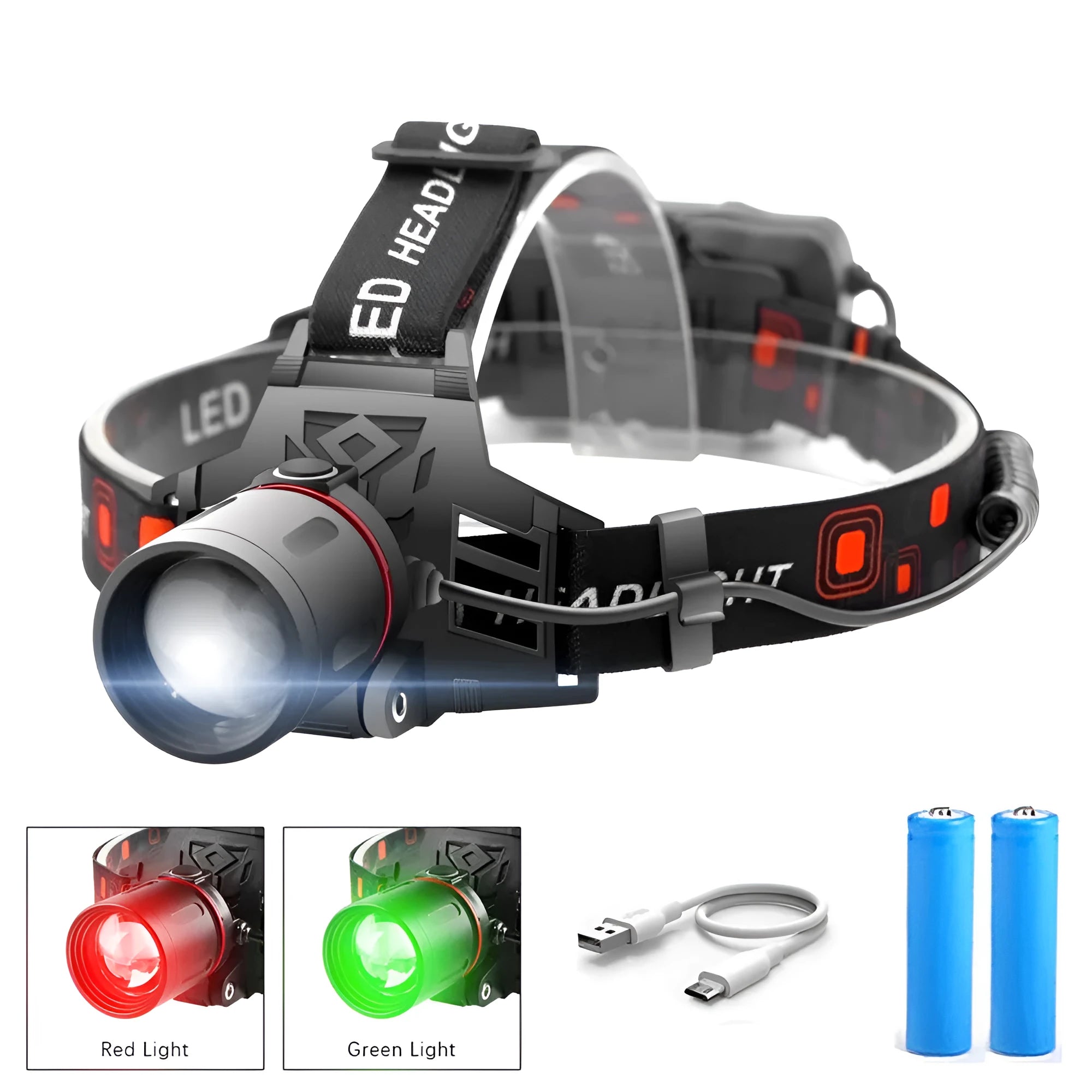 T6 LED headlamp with white green red lights showing zoomable lens and adjustable headband