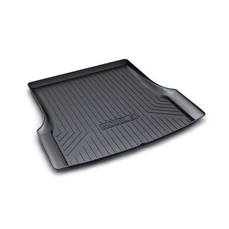 Tesla floor mats made from black rubber with textured TPE footrest section for Model 3, Y, S, and X vehicles