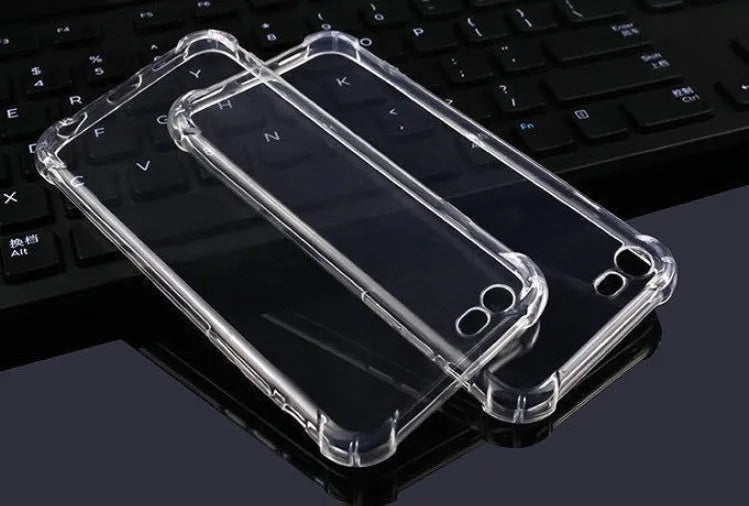 Clear transparent TPU shockproof iPhone case on a table, showing phone model compatibility list.