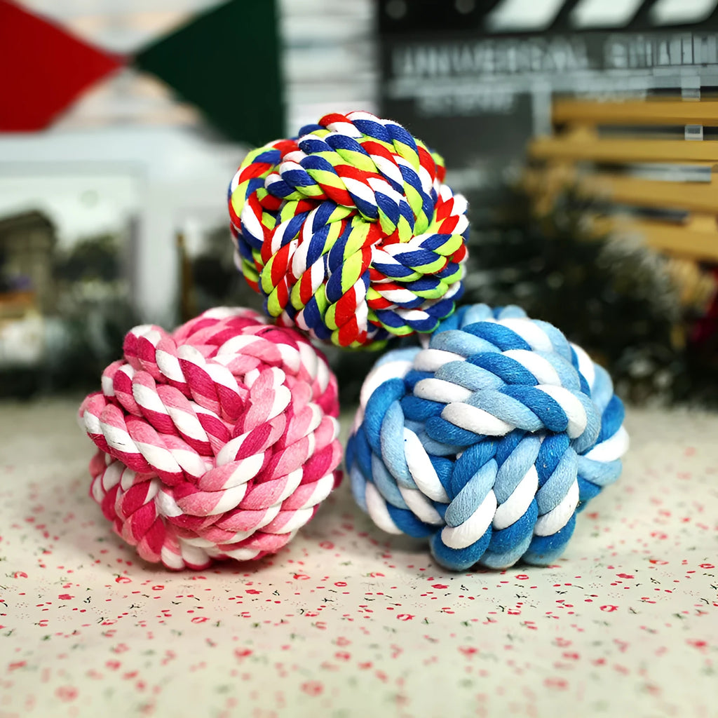 Medium hand-woven cotton rope ball dog toy, 7cm diameter, in Blue, Pink, or Multicolour