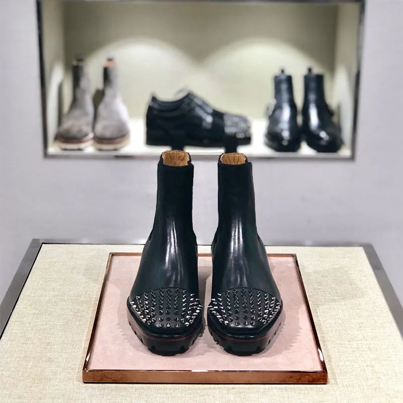 Men's black high-top leather shoes with a cowhide upper and leather sole for business casual wear.