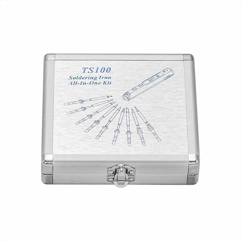 Silver aluminium portable storage box for a soldering iron, showing mini size.