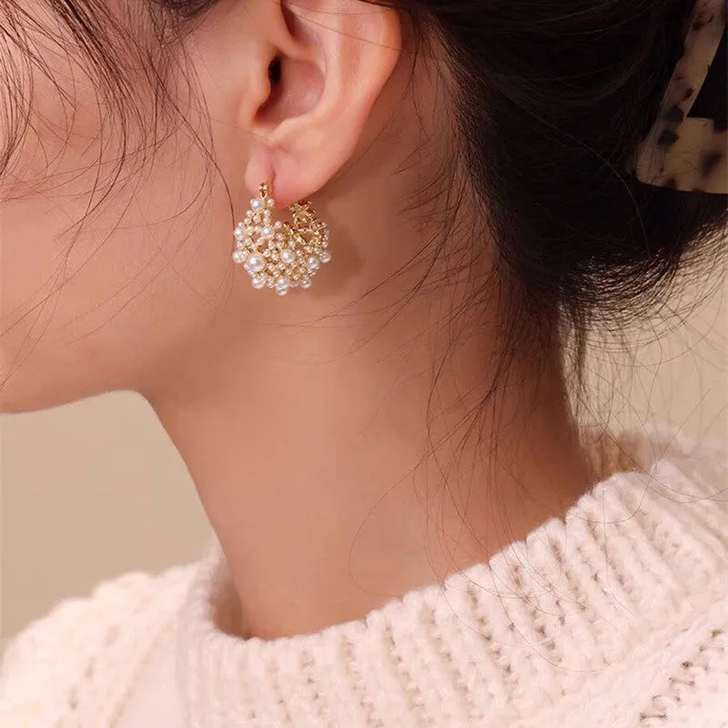 Women's gold colour copper flower basket earrings with small rice-shaped bead inlay floral pattern