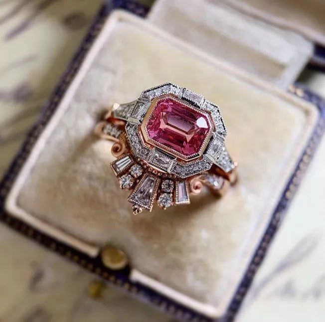 Women's retro style fashion ring with ruby design in rose gold alloy with geometric shape