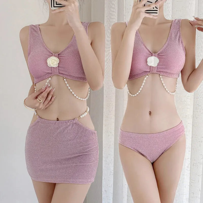 Women's pink or black polyester three-piece bikini swimsuit with briefs style for swimming and hot spring use