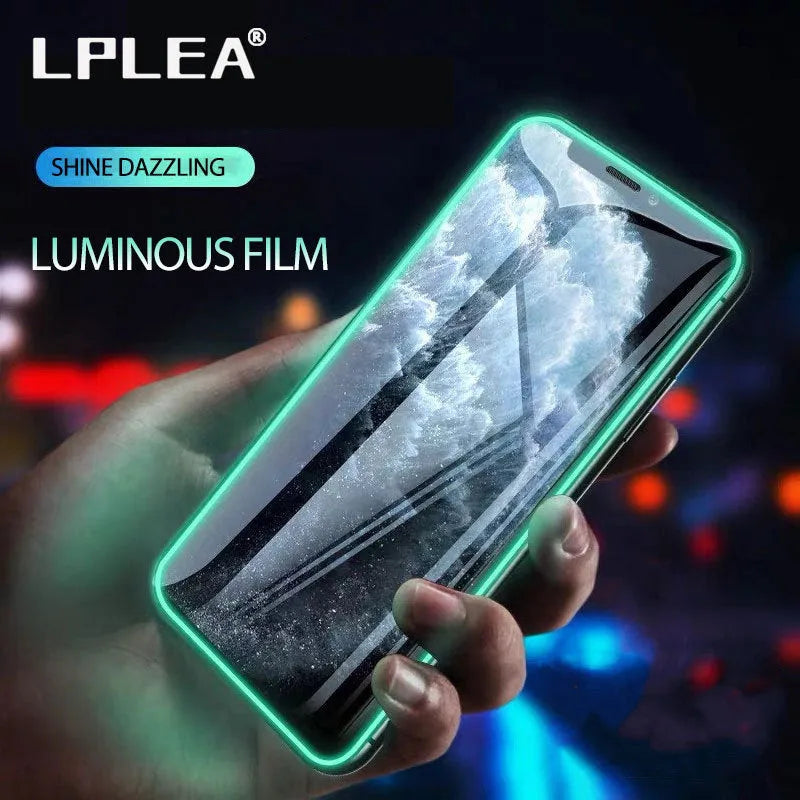 Luminous full cover tempered glass screen protector for iPhone showing glowing edge in dark.