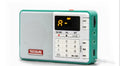 Tecsun Q3 white digital audio player with display and control buttons on front.