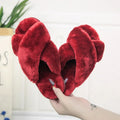 Cross open-toe fur slippers in multiple colours showing personalised toe design and non-slip patterned sole