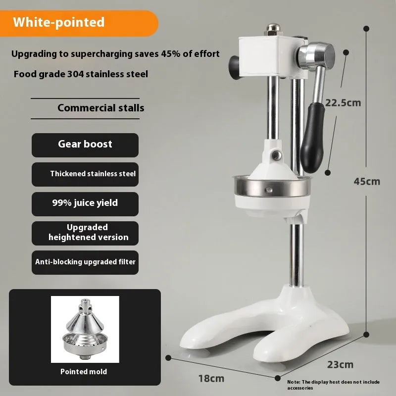 Vertical stainless steel manual citrus juicer in a selection of colours and head styles.