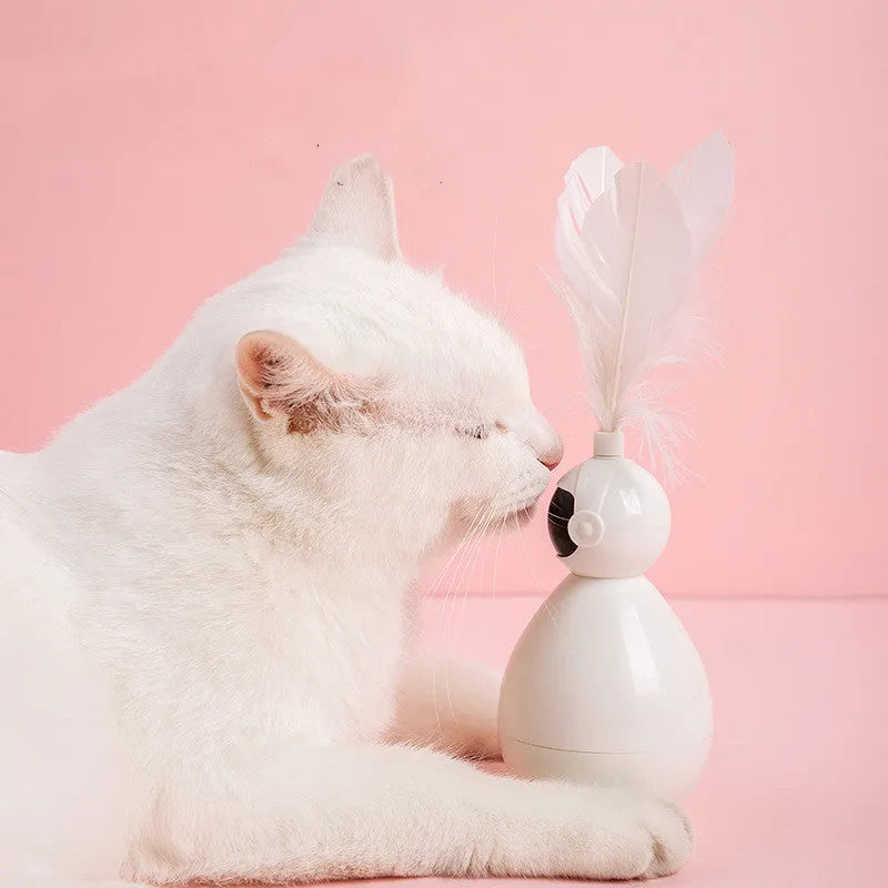 ABS tumbler cat toy with feather replacements, available in white, yellow, and pink